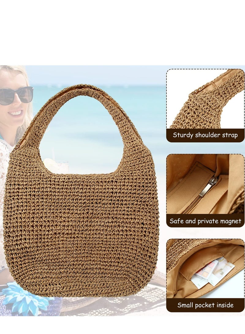 Hand-woven Soft Large Straw Shoulder Bag, Boho Straw Handle Tote Retro Summer Beach Bag Rattan Handbag, Women Straw Beach Bag Bucket Tote Shoulder Bag (Khaki)  - Image 3