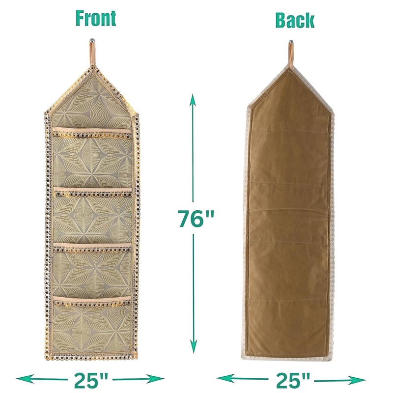 Kuber Industries Kuber Industries Wall Hanging Closet Organizer for Wardrobe with 3 Pockets Zip Letter Holder Socks Tie Storage Pouches Leaf Design Golden  - Image 3