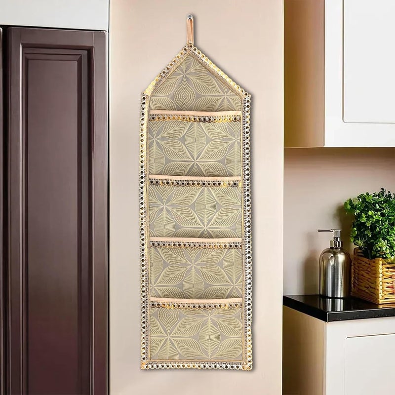 Kuber Industries Kuber Industries Wall Hanging Closet Organizer for Wardrobe with 3 Pockets Zip Letter Holder Socks Tie Storage Pouches Leaf Design Golden  - Image 1