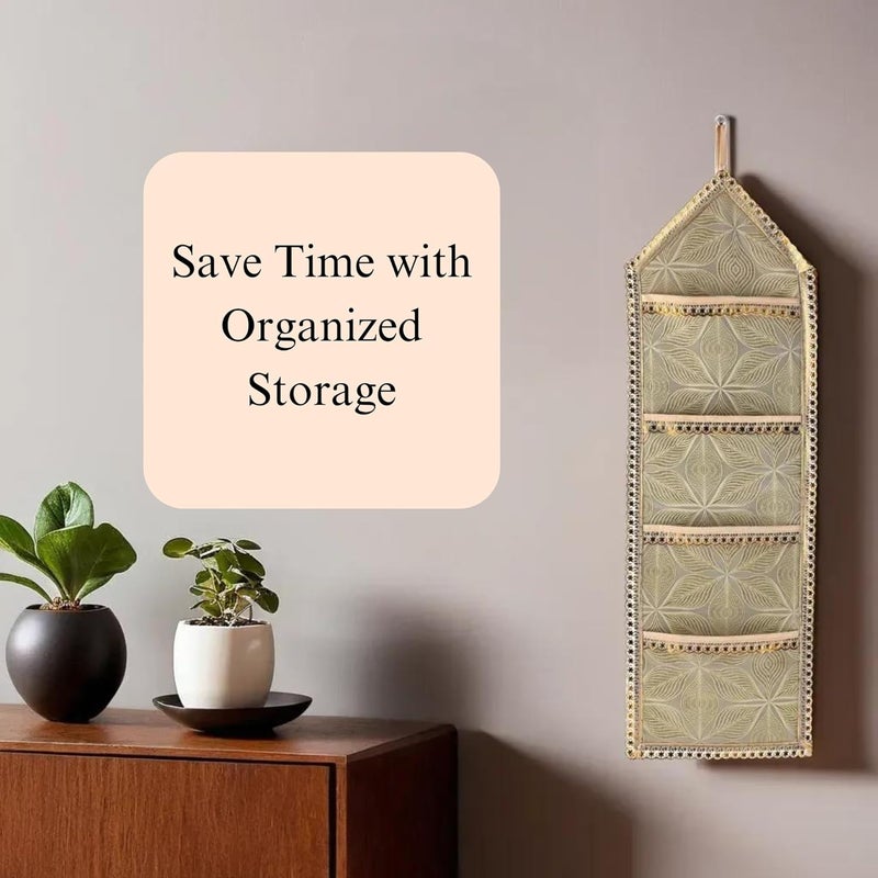 Kuber Industries Kuber Industries Wall Hanging Closet Organizer for Wardrobe with 3 Pockets Zip Letter Holder Socks Tie Storage Pouches Leaf Design Golden  - Image 4
