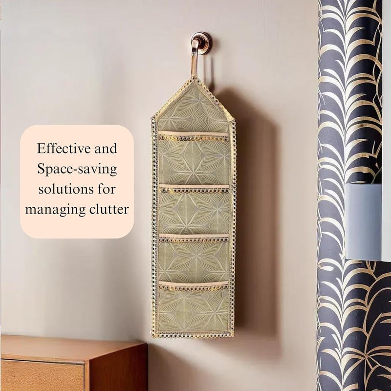 Kuber Industries Kuber Industries Wall Hanging Closet Organizer for Wardrobe with 3 Pockets Zip Letter Holder Socks Tie Storage Pouches Leaf Design Golden  - Image 2