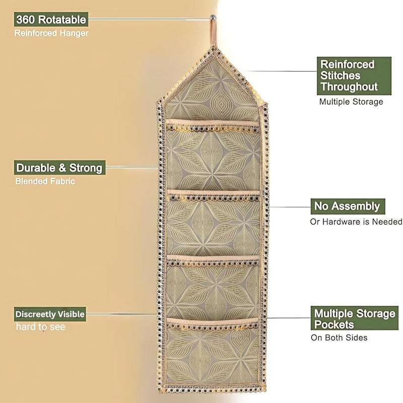 Kuber Industries Kuber Industries Wall Hanging Closet Organizer for Wardrobe with 3 Pockets Zip Letter Holder Socks Tie Storage Pouches Leaf Design Golden  - Image 5