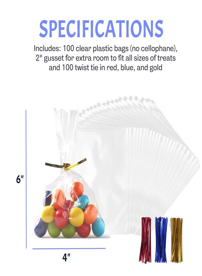 FUNSTITUTION Clear Treat Bags (200 pack - 4x6 Clear Plastic Gift Bags with 4” Twist Ties 3 Mix Colors - BPA-free for Packaging - For Wedding, Cakes, Pops, Gift - Image 4