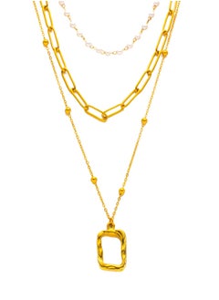 KAAF CREATIONS 18k gold plated stainles steel Layered Chain Necklace Set, Pearl and Rectangle Pendant, 38 cm, 37 cm, 51 cm  - Image 1