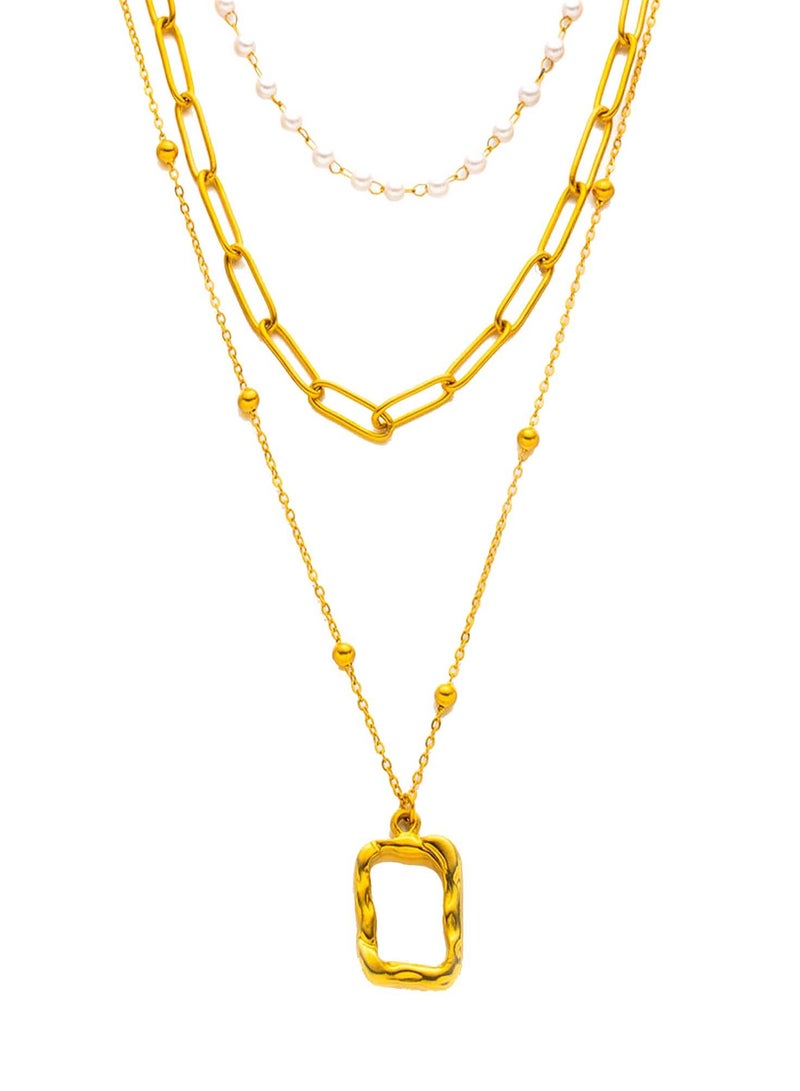 KAAF CREATIONS 18k gold plated stainles steel Layered Chain Necklace Set, Pearl and Rectangle Pendant, 38 cm, 37 cm, 51 cm - Image 1