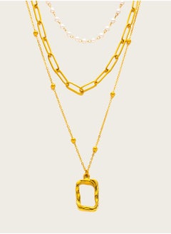 KAAF CREATIONS 18k gold plated stainles steel Layered Chain Necklace Set, Pearl and Rectangle Pendant, 38 cm, 37 cm, 51 cm  - Image 2