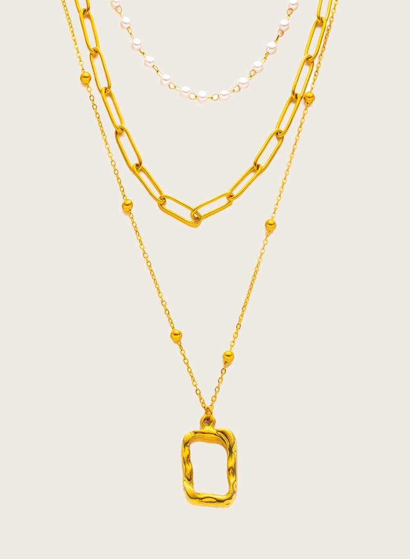 KAAF CREATIONS 18k gold plated stainles steel Layered Chain Necklace Set, Pearl and Rectangle Pendant, 38 cm, 37 cm, 51 cm - Image 2