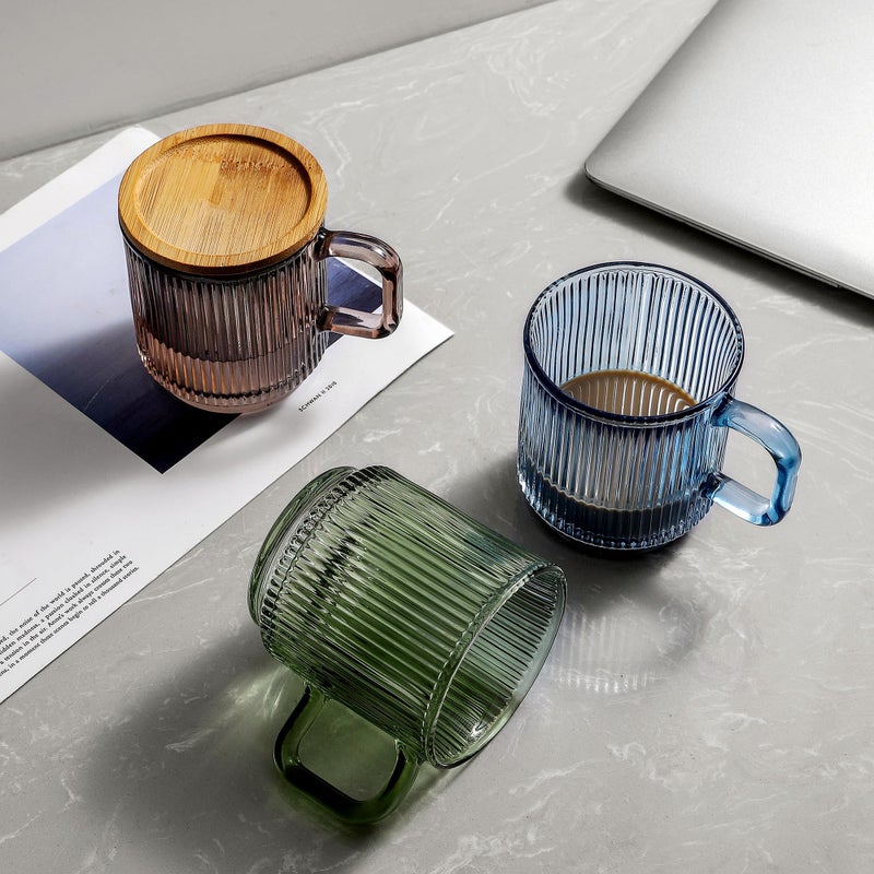 Lysenn Glass Coffee Mug with Lid - Premium Classical Vertical Stripes Glass Tea Cup - for Latte, Tea, Chocolate, Juice, Water - Lead-Free - Bamboo Lid - Lime Green - Image 4