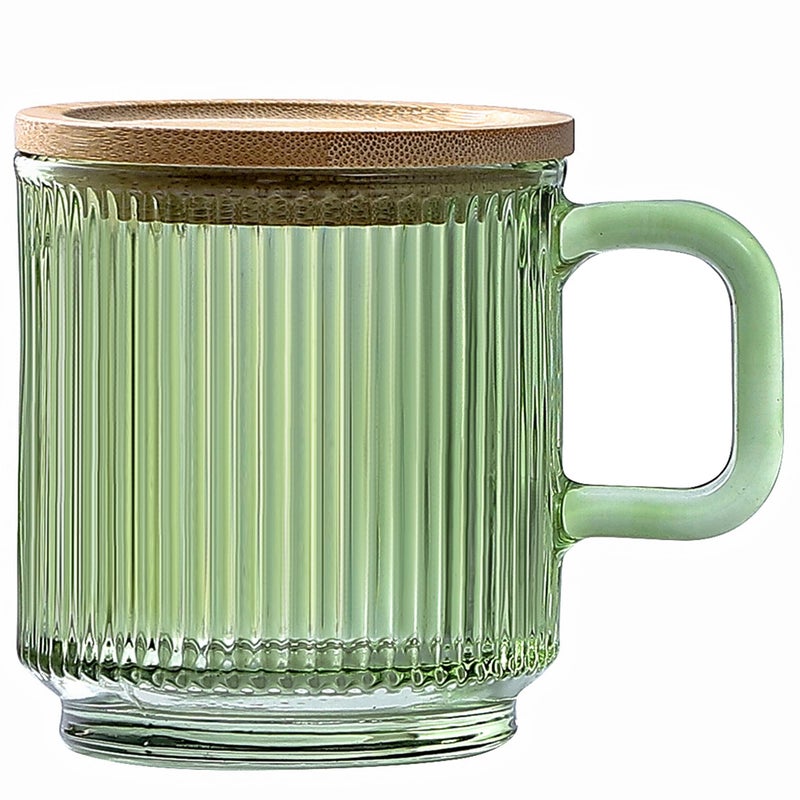 Lysenn Glass Coffee Mug with Lid - Premium Classical Vertical Stripes Glass Tea Cup - for Latte, Tea, Chocolate, Juice, Water - Lead-Free - Bamboo Lid - Lime Green - Image 1