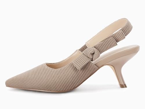 Coutgo Womens Slingback Kitten Heels Closed Pointed Toe Bowknot Knitted Slip On Work Pumps Dress Shoes, Light Coffee, Size 8 - Image 4