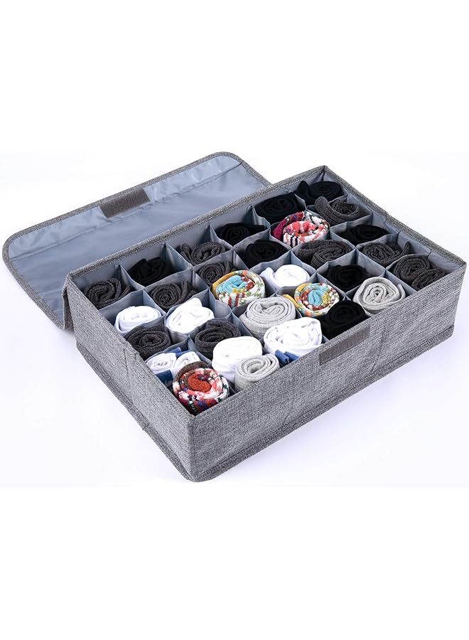 Green Tiger Socks Organizer with Lid, 30 Cell Underwear Drawer Organizer Foldable Closet Storage Box for Ties, Lingeries, Socks - Gray - Image 1