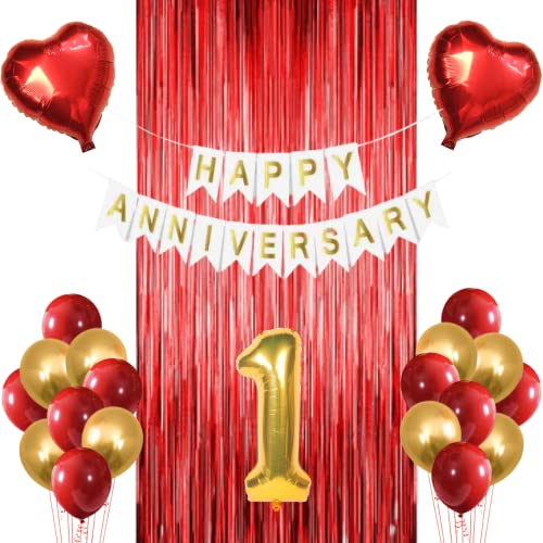 FI - FLICK IN 50 pcs 1st Happy Anniversary Decoration Fringe Curtain Foil Balloon Wall Hangings Couple Wedding Marriage Husband Wife Wedding First Anniversary Decoration Items (Pack of 50,Gold & Red) - Image 1