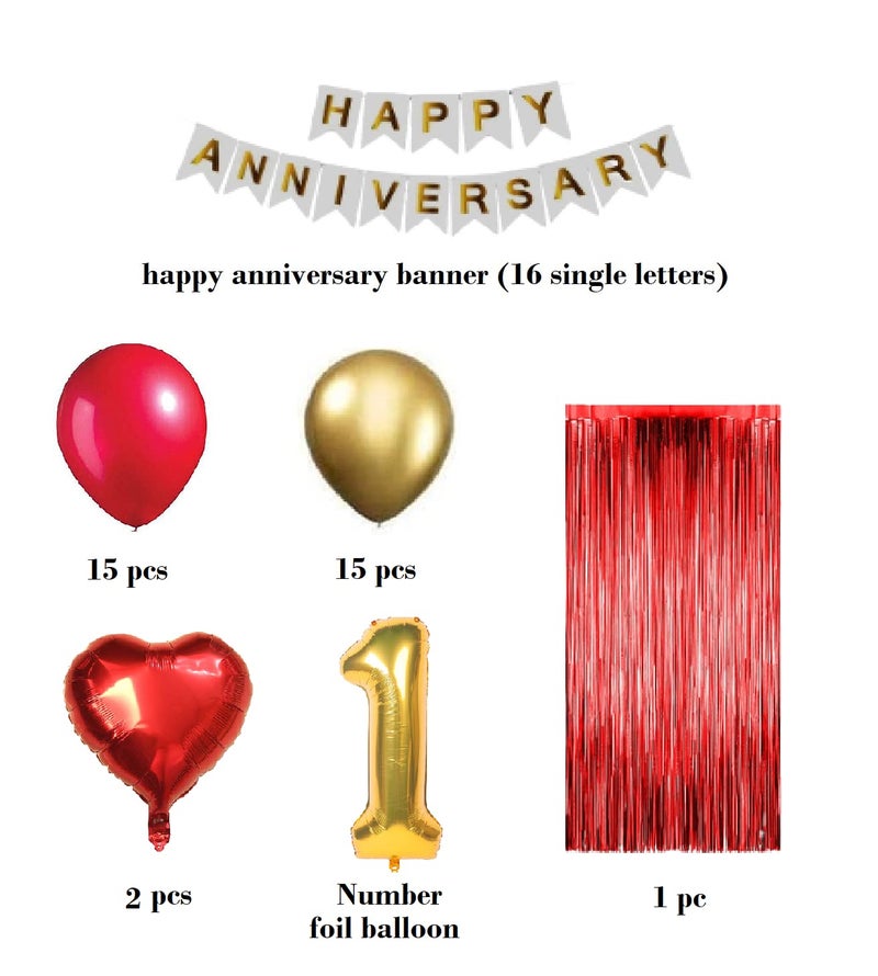 FI - FLICK IN 50 pcs 1st Happy Anniversary Decoration Fringe Curtain Foil Balloon Wall Hangings Couple Wedding Marriage Husband Wife Wedding First Anniversary Decoration Items (Pack of 50,Gold & Red) - Image 2