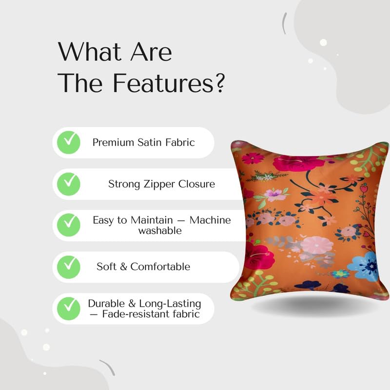 Vendola Decorative Satin Sofa Cushion Covers Set of 5, 24 Inch x 24 Inch 5 Piece, Sofa Big Cushion Pillow Cover, Multicolor, Floral Design, Zipper Closure (Hanataba, 24X24 Inches) - Image 2