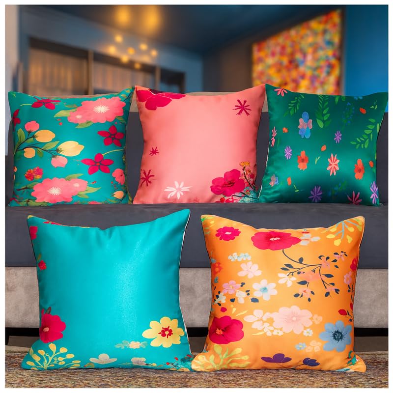 Vendola Decorative Satin Sofa Cushion Covers Set of 5, 24 Inch x 24 Inch 5 Piece, Sofa Big Cushion Pillow Cover, Multicolor, Floral Design, Zipper Closure (Hanataba, 24X24 Inches) - Image 1