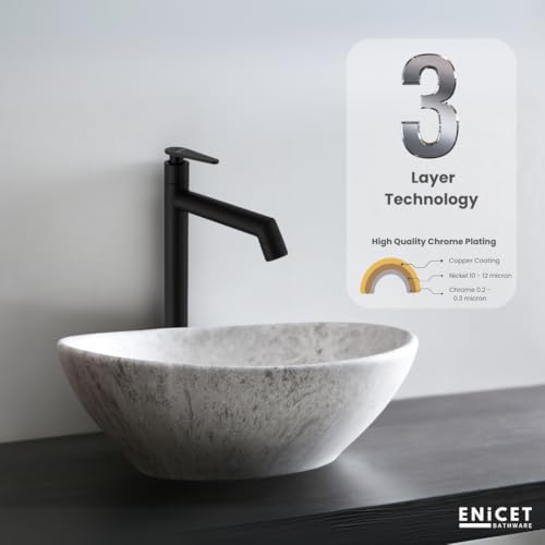 ENICET 12 Inch Wash Basin Tap, Matte Black, SS-304, Table Top Basin Tap, High Neck Pillar Cock, Black Taps for Bathroom, Tall Extended Body, Foam Flow (BE120BLACK) - Image 2