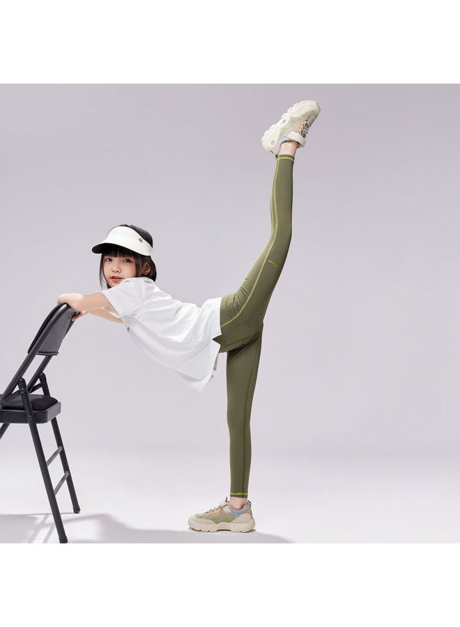 Ebaer Girls' Summer New High-waisted Pants, High-elastic Yoga Leggings, Base Layer Pants, Avocado Green, Size 120 - Image 1