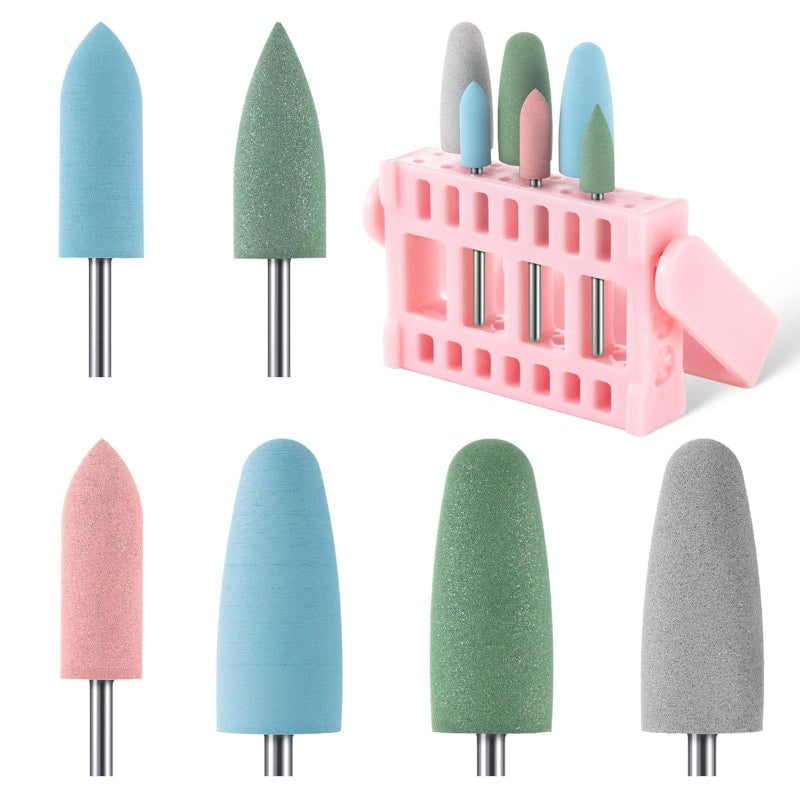 MelodySusie 6Pcs Polish Pedicure Nail Drill Bits with 16 Holes Bits Holder Set Silicone Rubber Drill Bit for Pedicure Manicure Gel Grinding and Polishing Pink