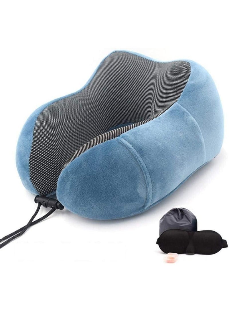 Memory Foam Travel Neck Pillow with Complete Travel Kit (Eye Mask & Earplugs)