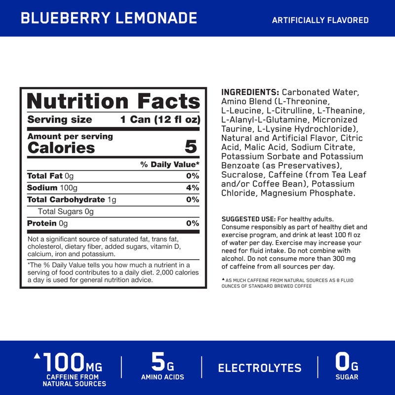Optimum Nutrition Amino Energy Sparkling Hydration Drink, Electrolytes, Caffeine, Amino Acids, BCAAs, Sugar Free, Blueberry Lemonade, 12 Fl Oz, 12 Pack (Packaging May Vary) - Image 2