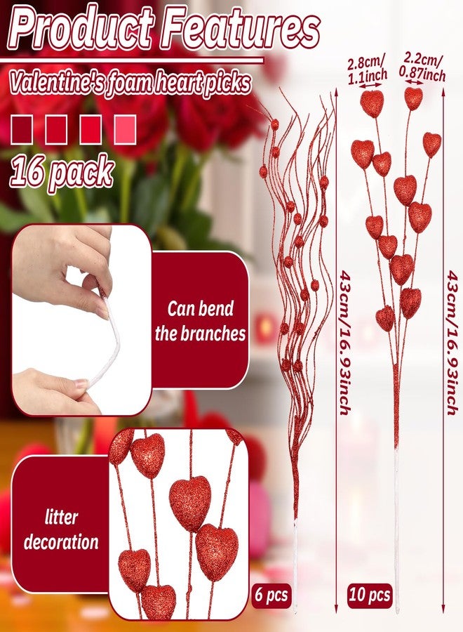 Solsew 16 Pcs 17 Inch Valentine Picks Artificial Berry Flower Heart Stems Picks Valentines Day Decorations for Tree Topper Wedding Anniversary Table Centerpiece Vase Decor - Image 2