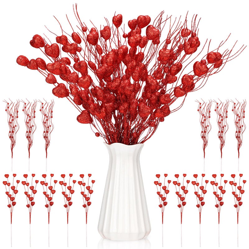 Solsew 16 Pcs 17 Inch Valentine Picks Artificial Berry Flower Heart Stems Picks Valentines Day Decorations for Tree Topper Wedding Anniversary Table Centerpiece Vase Decor - Image 1