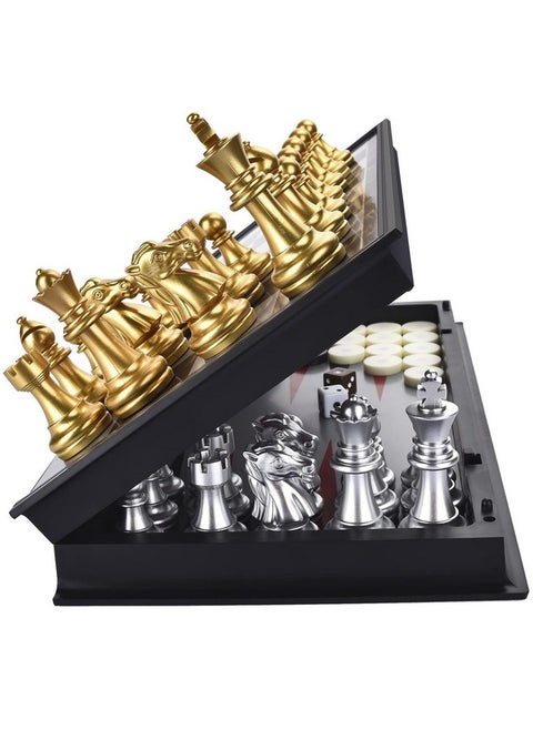 3 In 1 Magnetic Chess Checkers Backgammon Board Game Set With Folding Board Travel Games For Kids And Adults (Chess: Gold & Silver)