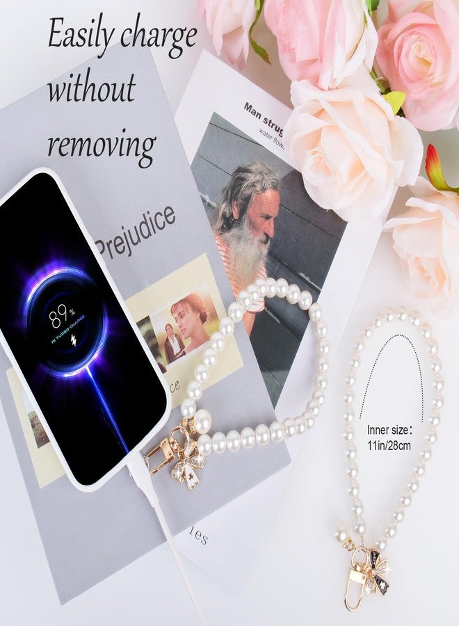 AULEEP أولييب 2 قطع سحر الهاتف الكلاسيكي من اللؤلؤ للنساء، سوار معصم مزين بالفراشة، سلسلة مصنوعة يدويًا لهاتف آيفون - Image 3