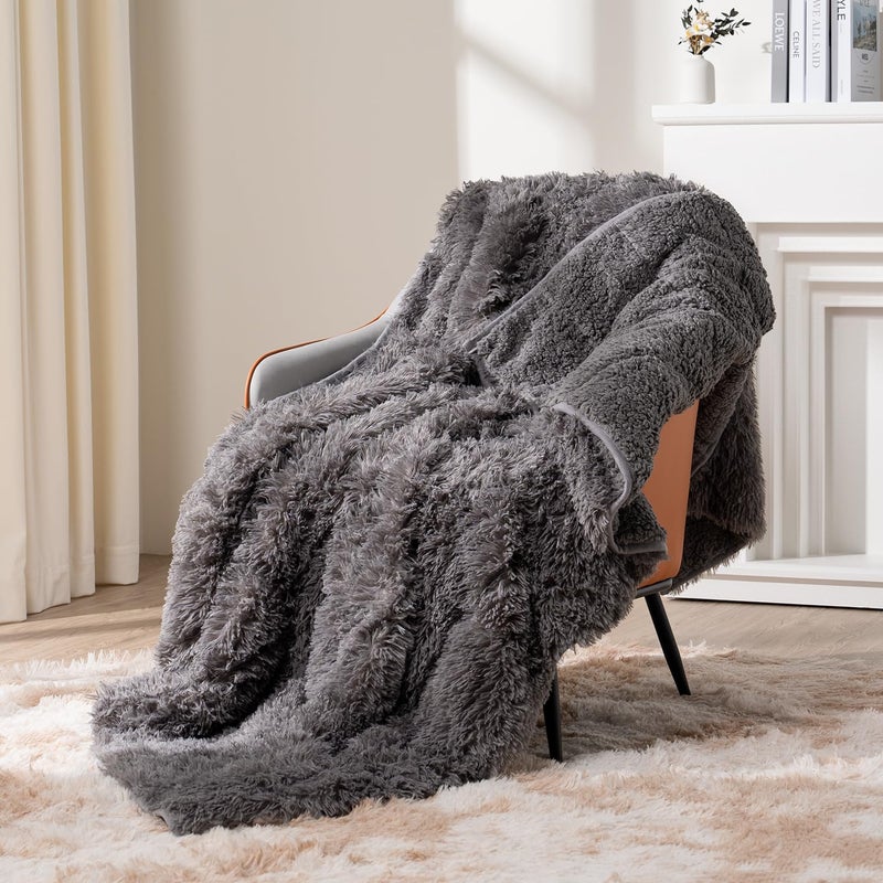 Topblan Faux Fur Weighted Blanket Twin Size15 lbs Shaggy Faux Fur Plush Sherpa Warm Heavy Blanket for Adults Great for Calming and Relax Fluffy Soft Bedding Blanket Grey 48x72 inches