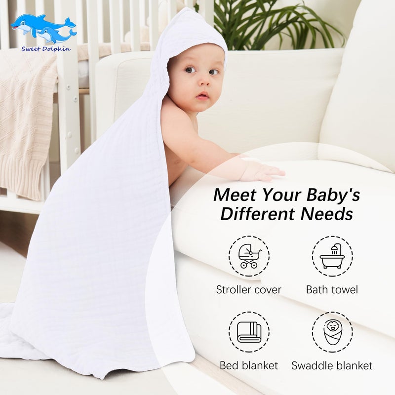 SWEET DOLPHIN Muslin Hooded Baby Bath Towels - 2 Pack 100% Cotton Towel for Babies, Infants, Toddlers - 32x32Inch - Highly Absorbent and Newborn Essential, White - Image 5