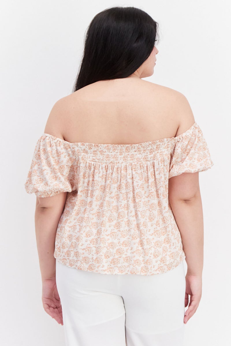 LUCKY BRAND Women Off Shoulder Neck Short Sleeve Floral Print Top, White - Image 3