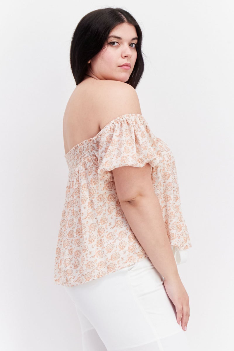 LUCKY BRAND Women Off Shoulder Neck Short Sleeve Floral Print Top, White - Image 2