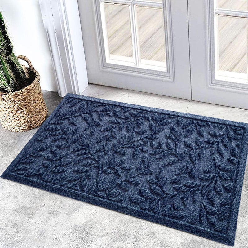 Bulijojo Sturdy Front Entrance Doormats,Durable Heavy Duty Welcome Mat,Thick Absorbent Natural Rubber Non Slip Mat,Easy Clean Entryway Mat 17x30 Inch Leaves Blue - Image 1