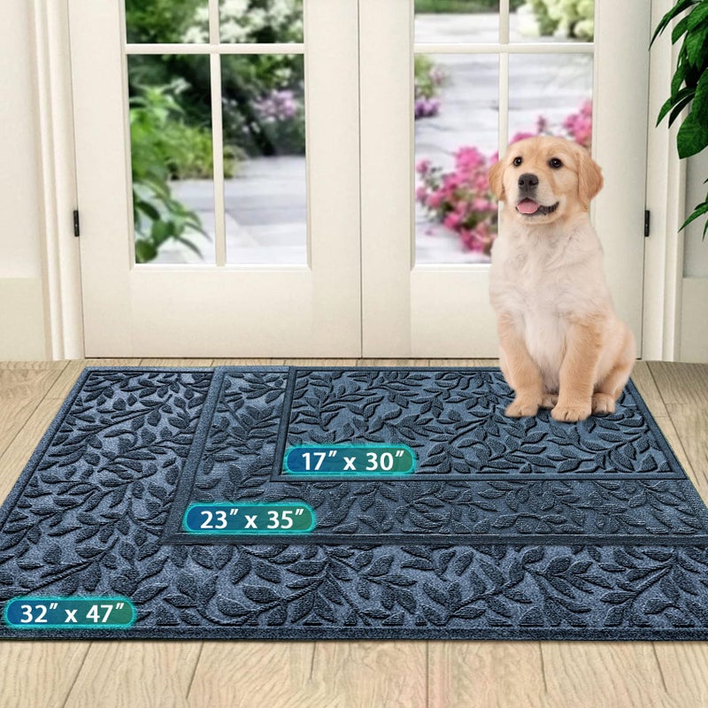 Bulijojo Sturdy Front Entrance Doormats,Durable Heavy Duty Welcome Mat,Thick Absorbent Natural Rubber Non Slip Mat,Easy Clean Entryway Mat 17x30 Inch Leaves Blue - Image 3