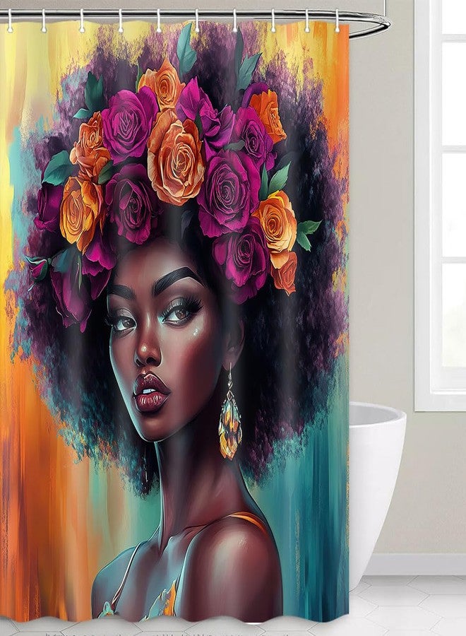Hajmsug Black Girl Shower Curtain, African American Black Girls Pink Gold Rose Flower Floral Design, Polyester, 71x71 Inch, Water Resistant, Bathroom - Image 4
