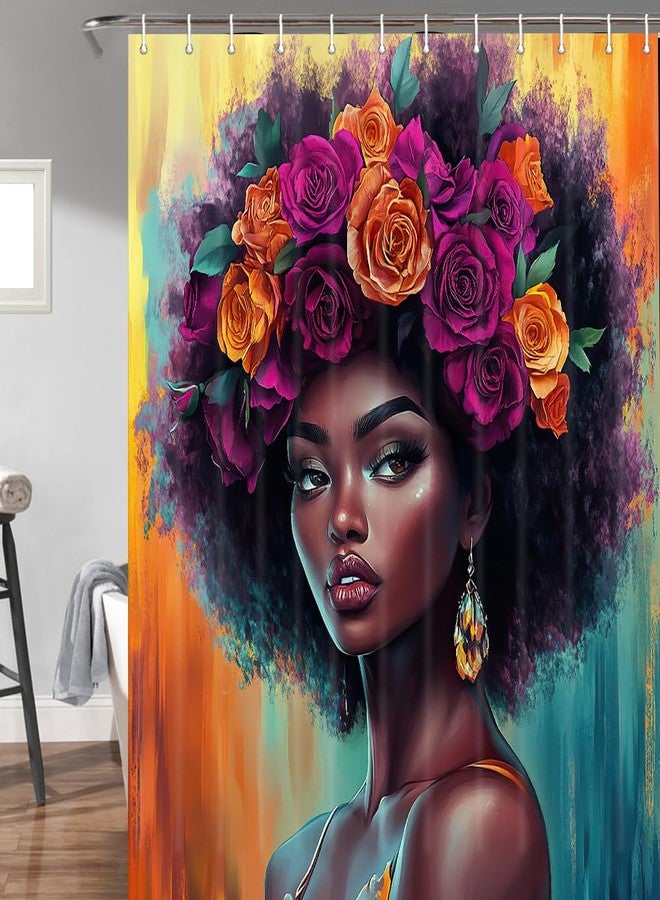Hajmsug Black Girl Shower Curtain, African American Black Girls Pink Gold Rose Flower Floral Design, Polyester, 71x71 Inch, Water Resistant, Bathroom - Image 1