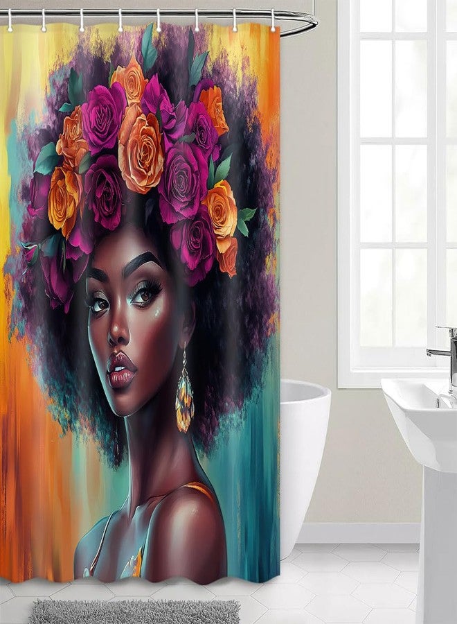 Hajmsug Black Girl Shower Curtain, African American Black Girls Pink Gold Rose Flower Floral Design, Polyester, 71x71 Inch, Water Resistant, Bathroom - Image 3