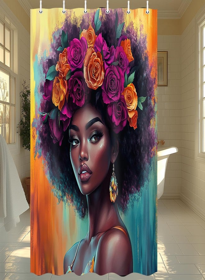 Hajmsug Black Girl Shower Curtain, African American Black Girls Pink Gold Rose Flower Floral Design, Polyester, 71x71 Inch, Water Resistant, Bathroom - Image 2