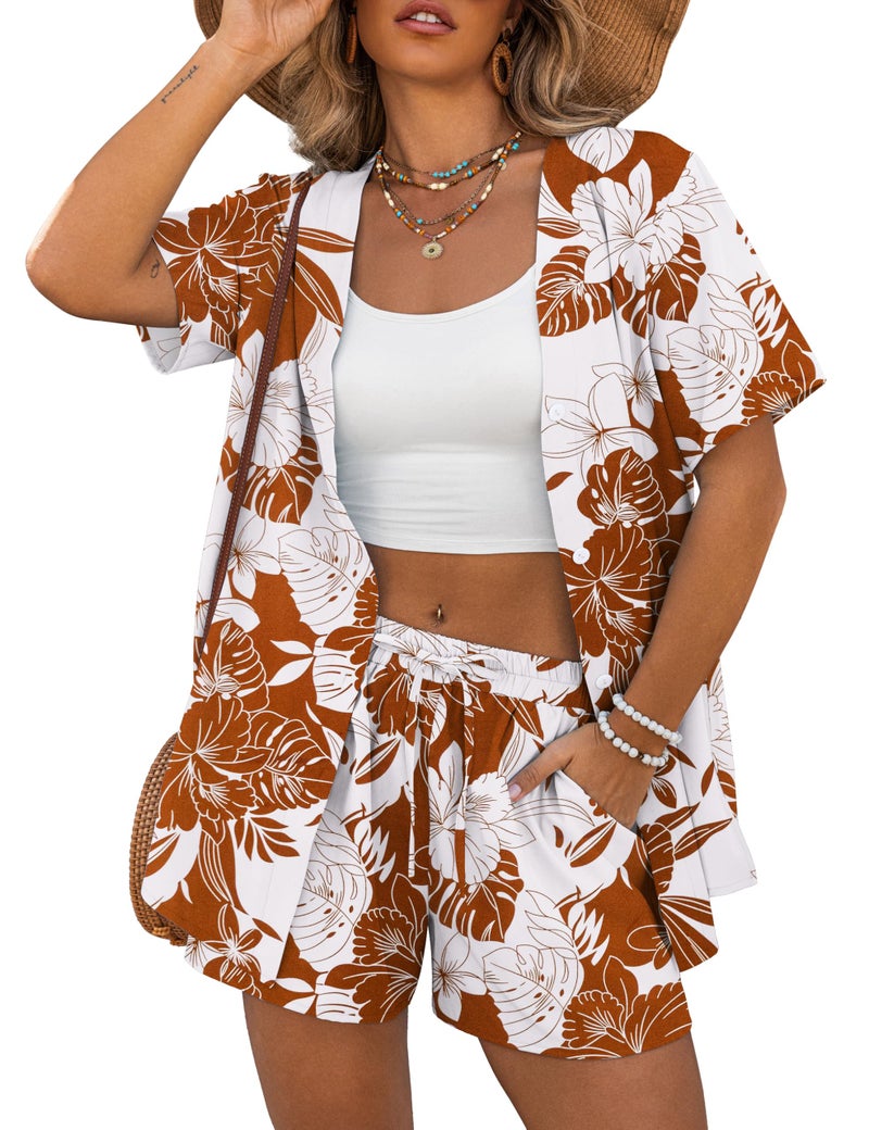 REDHOTYPE Womens 2 Piece Outfits Lightweight Button Down Top Casual Shorts Printed Summer Vacation Sets, White Flower Large - Image 1