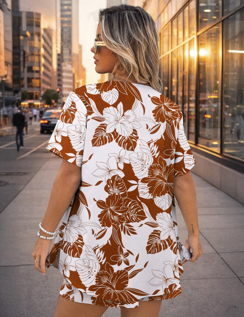 REDHOTYPE Womens 2 Piece Outfits Lightweight Button Down Top Casual Shorts Printed Summer Vacation Sets, White Flower Large - Image 5