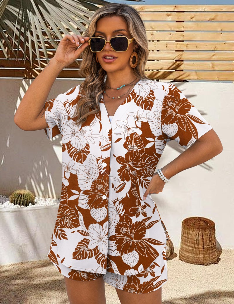 REDHOTYPE Womens 2 Piece Outfits Lightweight Button Down Top Casual Shorts Printed Summer Vacation Sets, White Flower Large - Image 2