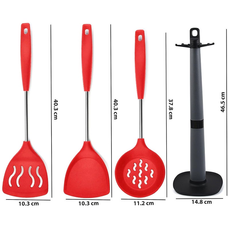 P Plus Fire P Plus Fire Skimmer Spoon for Frying Puri Strainer for Frying Skimmer Egg Flipper Slotted Turner Dosa Karandi Holder for Kitchen Dosa Spatula Steel Cooking Spatula Set of 4 Red  - Image 2