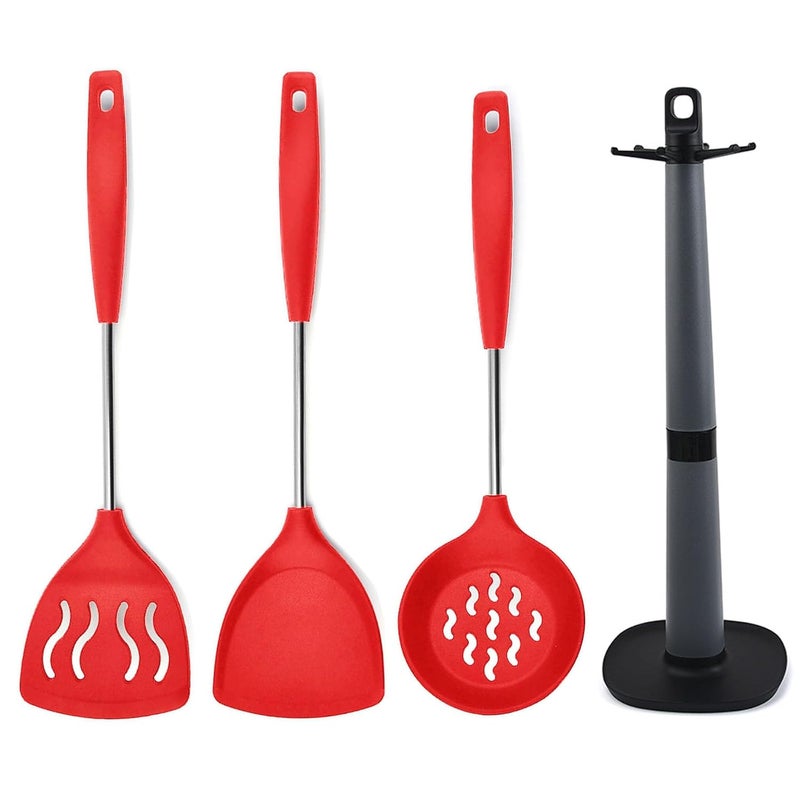 P Plus Fire P Plus Fire Skimmer Spoon for Frying Puri Strainer for Frying Skimmer Egg Flipper Slotted Turner Dosa Karandi Holder for Kitchen Dosa Spatula Steel Cooking Spatula Set of 4 Red  - Image 1