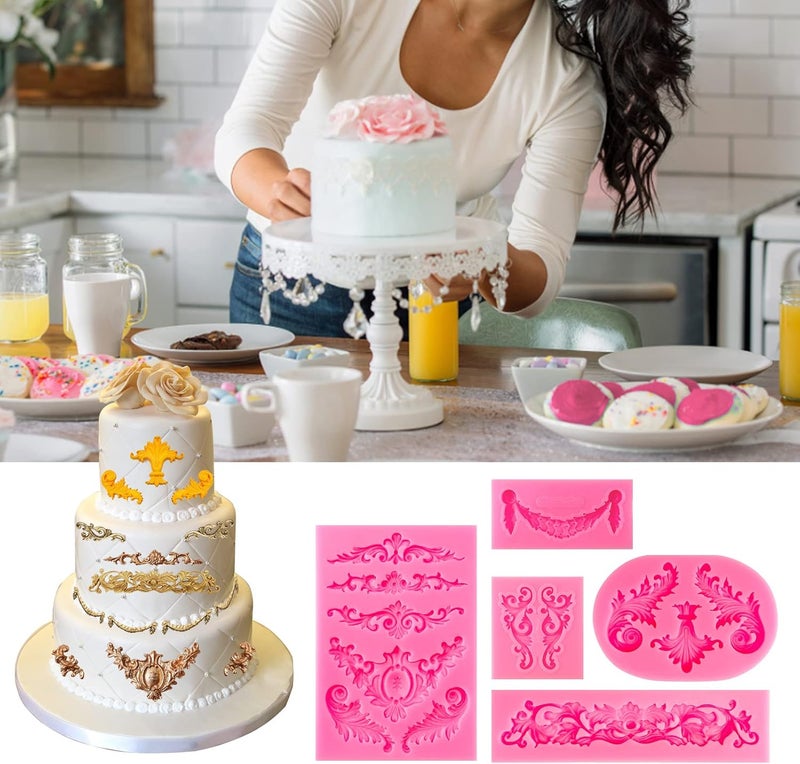 FMOACEN Baroque Style Silicone Molds, Curlicues Scroll Lace Fondant Molds, Vintage Relief Flower Mould Filigree 3D Clay Mold for Gummy Sugar Cookie Pastry Chocolate Mold for Clay Cupcake Topper Decor(7Pcs) - Image 5