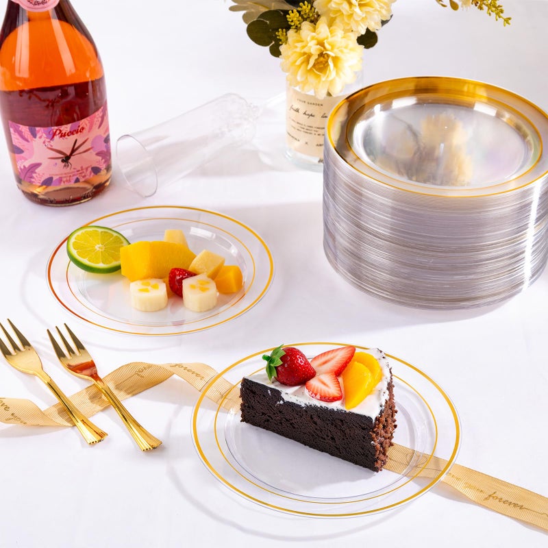 DaYammi 240Pcs Dessert Plates Include 120Pcs Gold Cake Plates 6.3inch with 120Pcs Gold Plastic Forks 5.7inch,Clear gold plates Disposable Salad Plate for Party Appetizer Plate for Wedding Birthday - Image 4