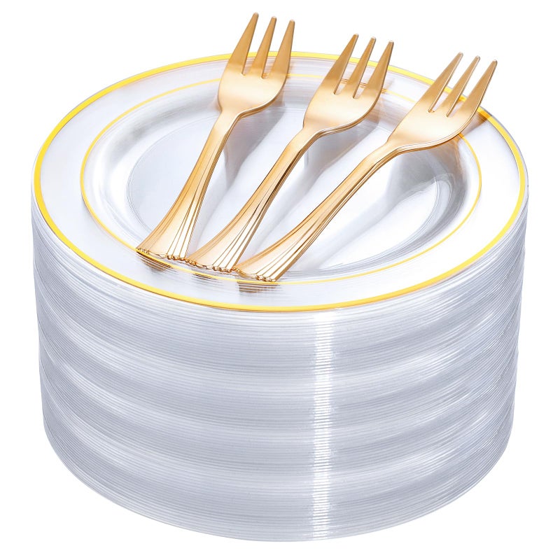 DaYammi 240Pcs Dessert Plates Include 120Pcs Gold Cake Plates 6.3inch with 120Pcs Gold Plastic Forks 5.7inch,Clear gold plates Disposable Salad Plate for Party Appetizer Plate for Wedding Birthday - Image 1