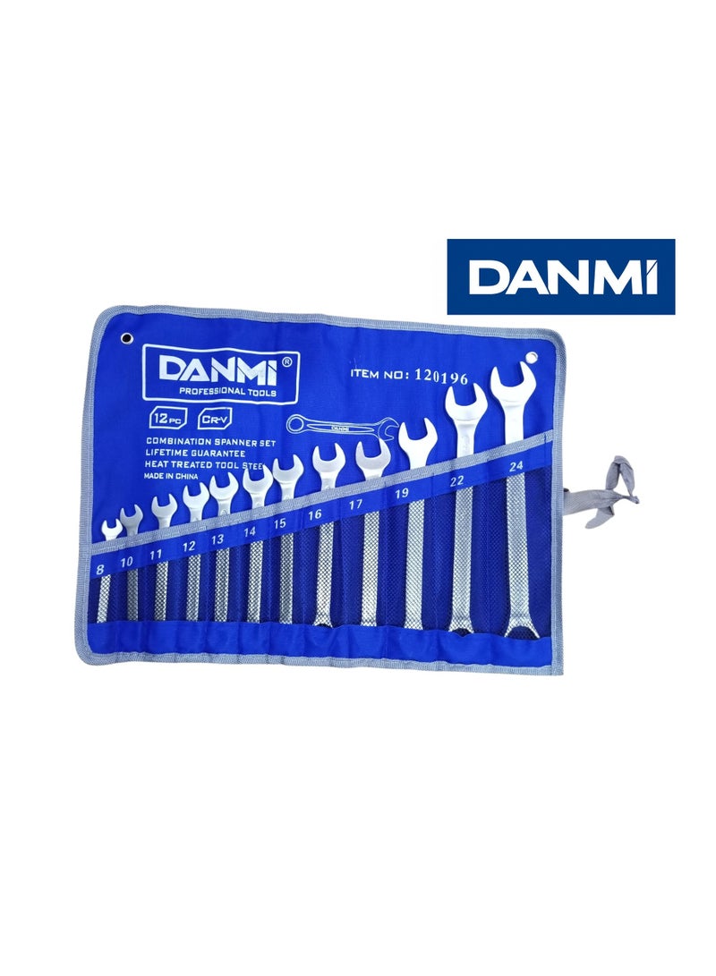 DANMI 12-Piece Combination Wrench Set – Open-End & Box-End, CR-V Heat-Treated Steel with Roll-Up Pouch – Sizes 8 to 24 mm - Image 1