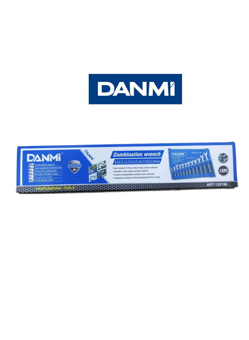 DANMI 12-Piece Combination Wrench Set – Open-End & Box-End, CR-V Heat-Treated Steel with Roll-Up Pouch – Sizes 8 to 24 mm - Image 2