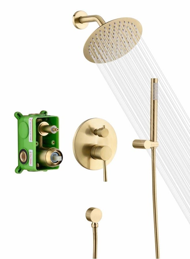 sumerain Brushed Gold Shower Faucet System with high pressure 8 Inches rain shower head and brass hand shower, Rough-In Valve Body and Trim Included - Image 1