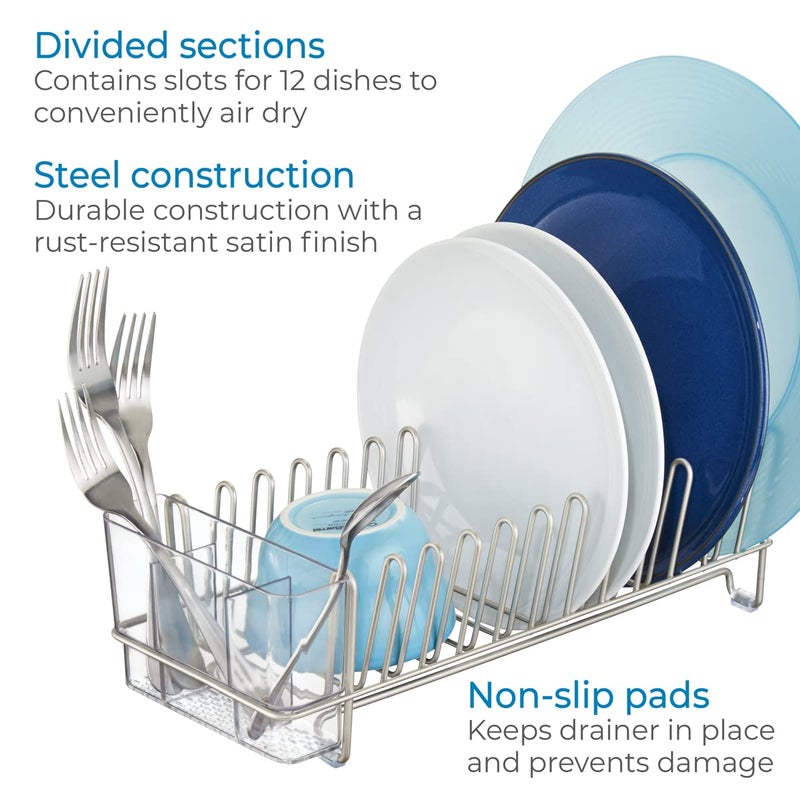 InterDesign iDesign Metal Dish Drying Rack with Silverware Drainer, The Classico Collection â€“ 12.5" x 5.5" x 4", Satin Silver - Image 4